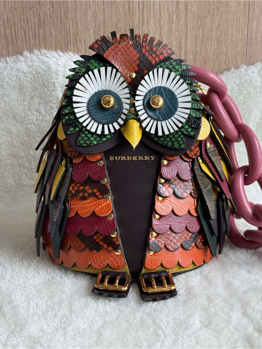 Burberry Multicolor Owl Mini Bag in Green, Orange, Pink, Brown